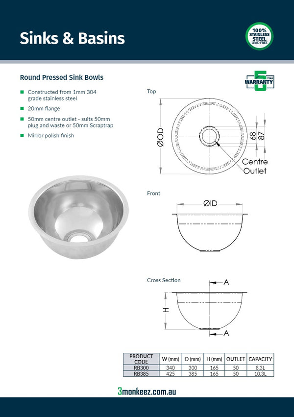 3Monkeez RB300 - Round Pressed Sink Bowl