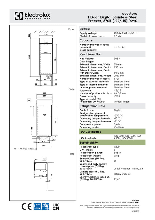 Electrolux Professional ecostore RE471FF - Single Door Upright Freezer