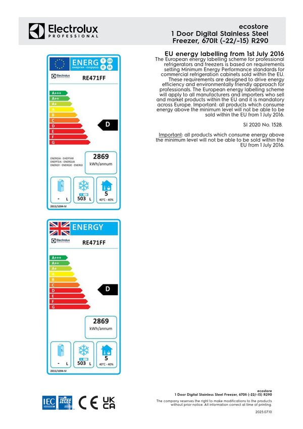 Electrolux Professional ecostore RE471FF - Single Door Upright Freezer