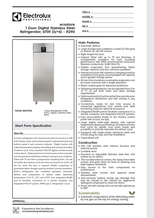 Electrolux Professional ecostore RE471FR - Single Door Upright Refrigerator