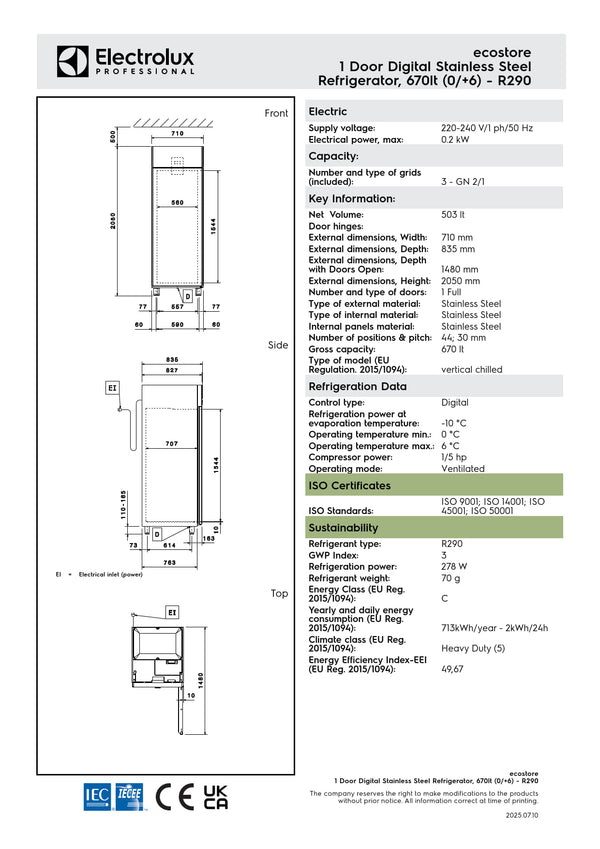 Electrolux Professional ecostore RE471FR - Single Door Upright Refrigerator
