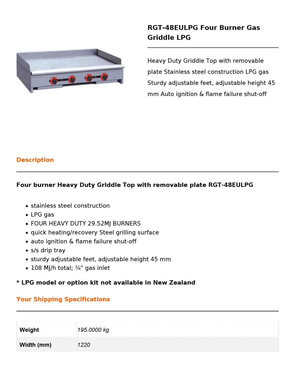 Gasmax RGT-48ELPG - 4 Burner Griddle