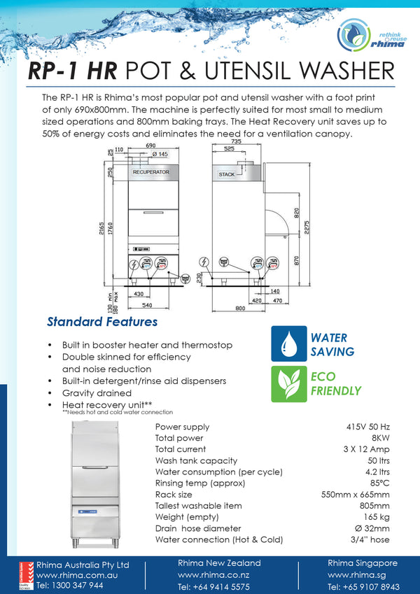 Rhima RP1 HR - Pot and Utensil Washer with Heat Recovery Unit