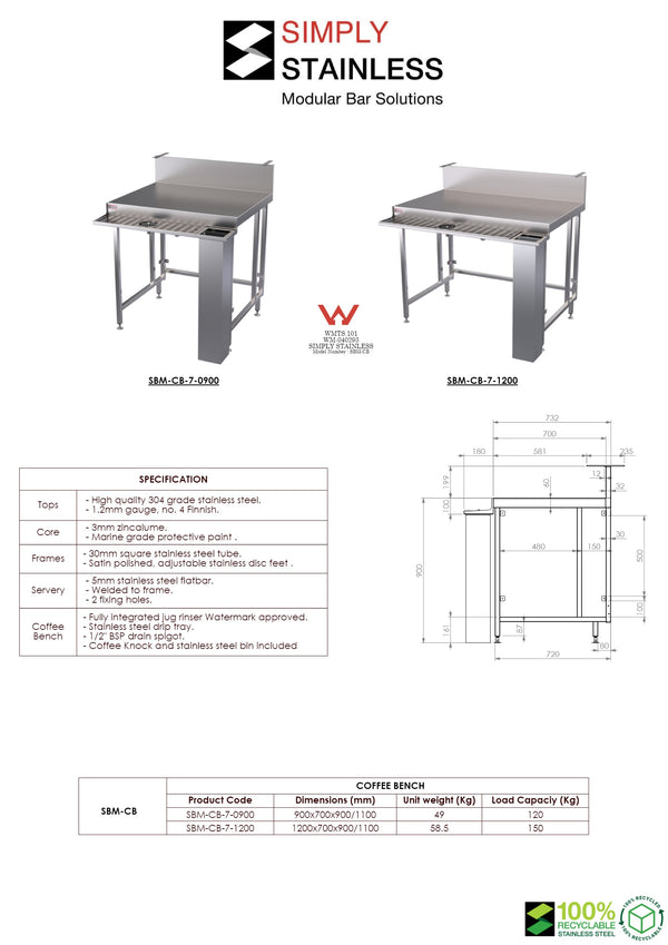 Simply Stainless SBM.CB.7.1200 - Stainless Steel Coffee Bench