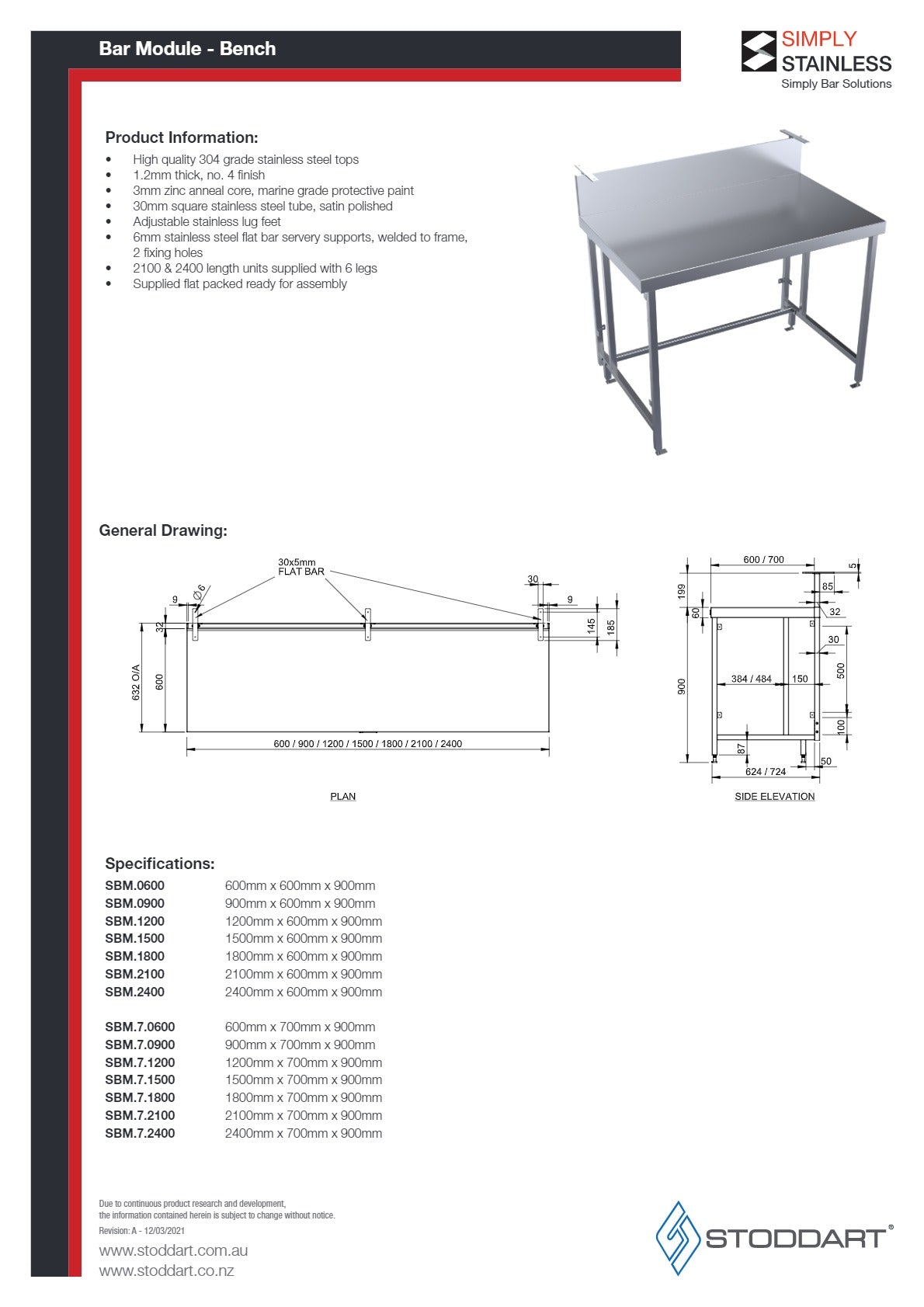 Simply Stainless SBM.7.1200 - Single Bar Bench Module