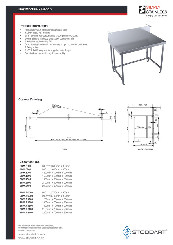 Simply Stainless SBM.7.1500 - Single Bar Bench Module
