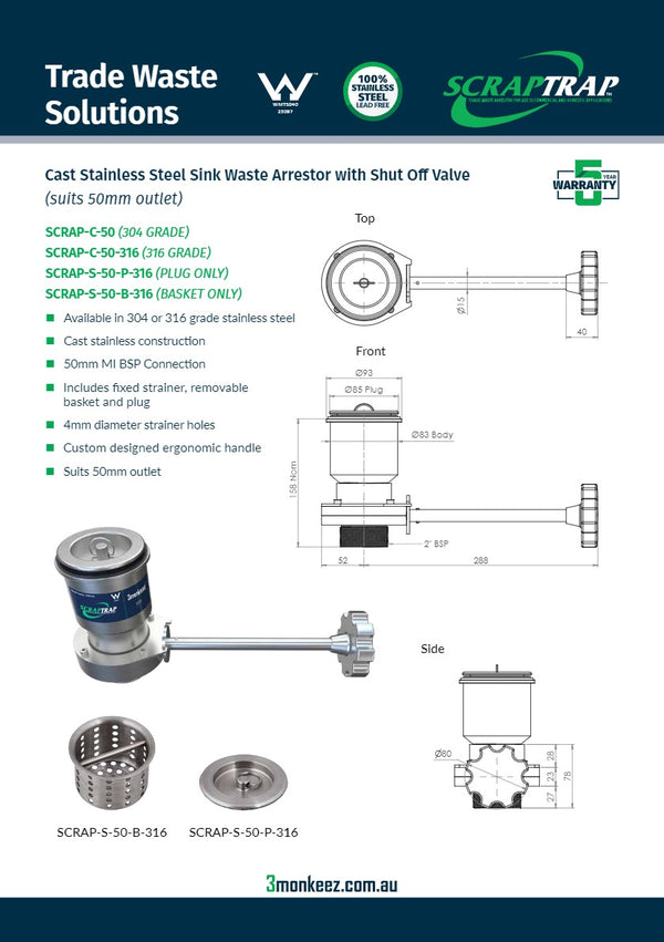 3Monkeez SCRAP-C-50 - Cast Stainless Steel Sink Waste Arrestor