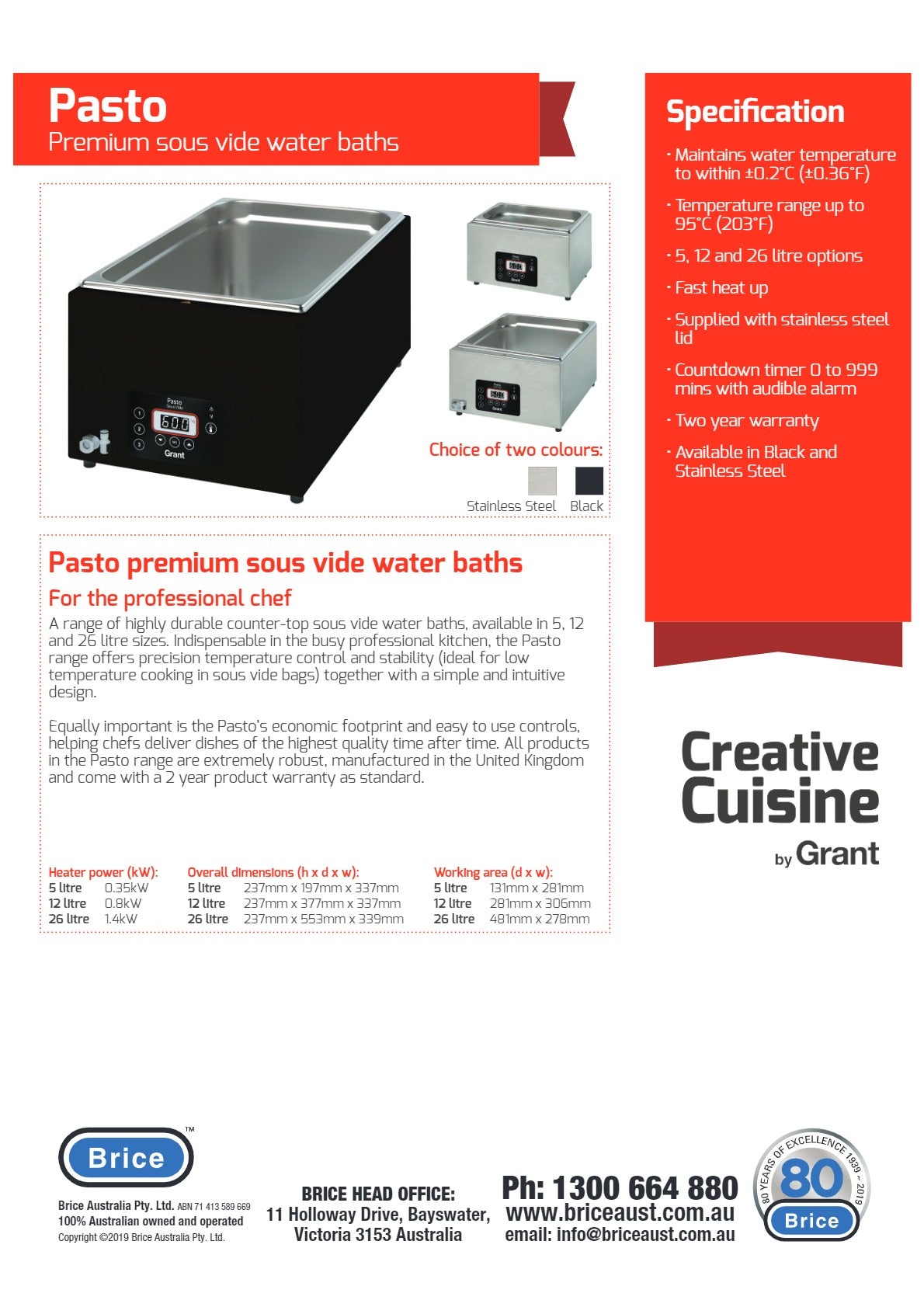 Grant Creative Cuisine GRAPAS-TO-5230BK - Bench Top Sous Vide Water Bath