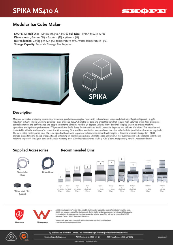 SKOPE SPIKA MS410 A FD 1P - Full Dice Modular Ice Cube Maker