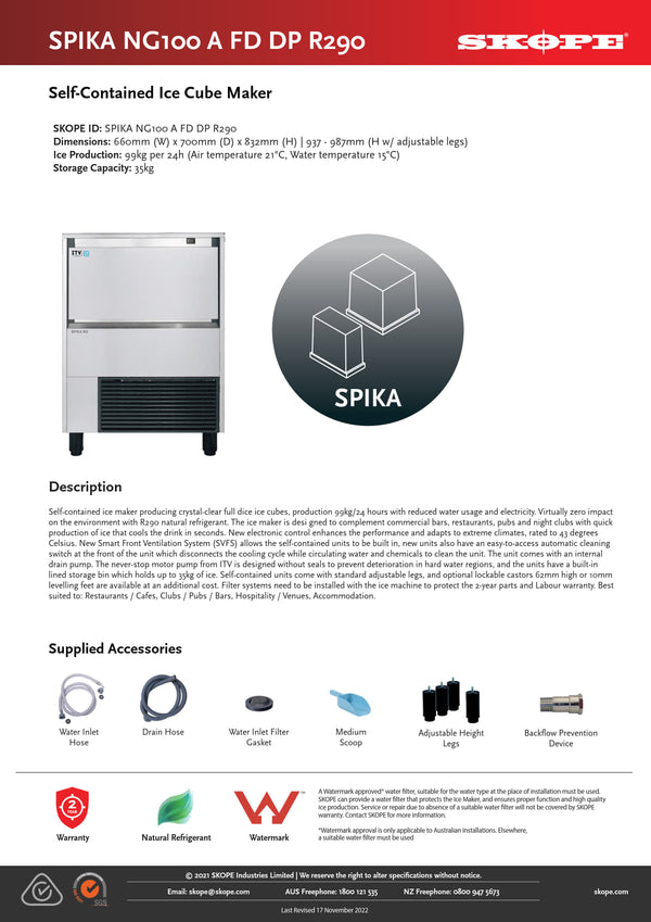 SKOPE SPIKA NG100A FD DP - Full Dice Self-Contained Drain Pump Ice Cube Maker