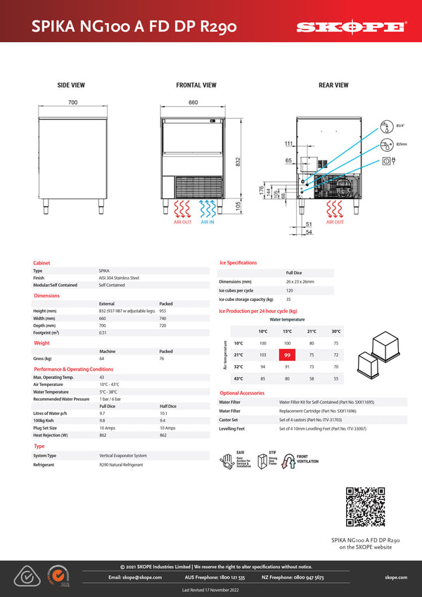 SKOPE SPIKA NG100A FD DP - Full Dice Self-Contained Drain Pump Ice Cube Maker
