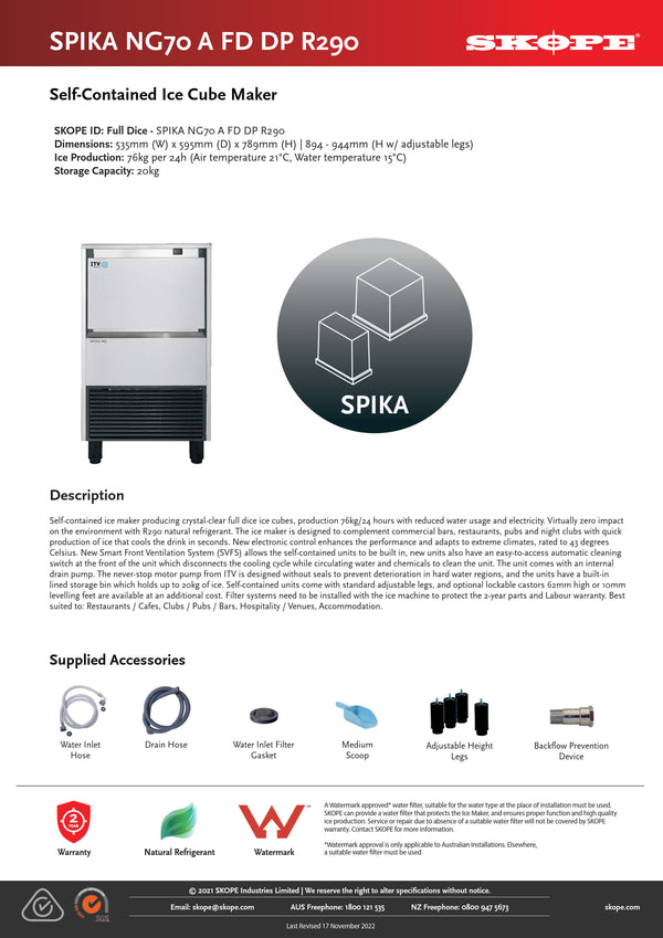 SKOPE SPIKA NG70A FD DP - Full Dice Self-Contained Drain Pump Ice Cube Maker