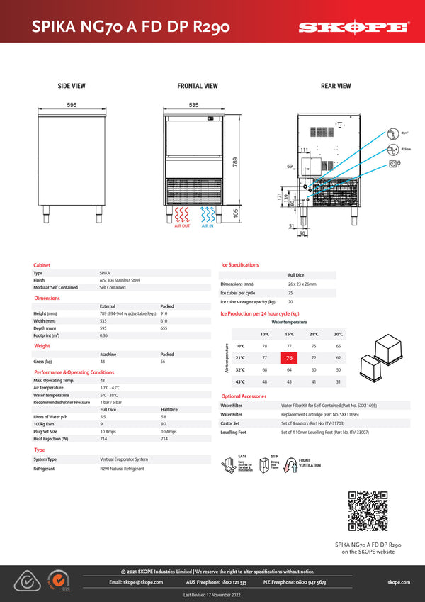 SKOPE SPIKA NG70A FD DP - Full Dice Self-Contained Drain Pump Ice Cube Maker