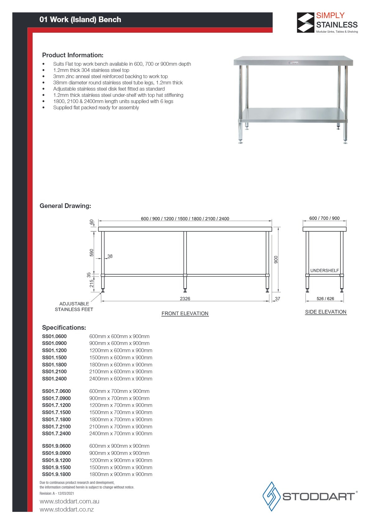 Simply Stainless SS01.9.2100 - Stainless Steel Work Bench