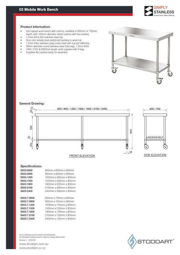Simply Stainless SS03.7.1200 - Stainless Steel Mobile Work Bench