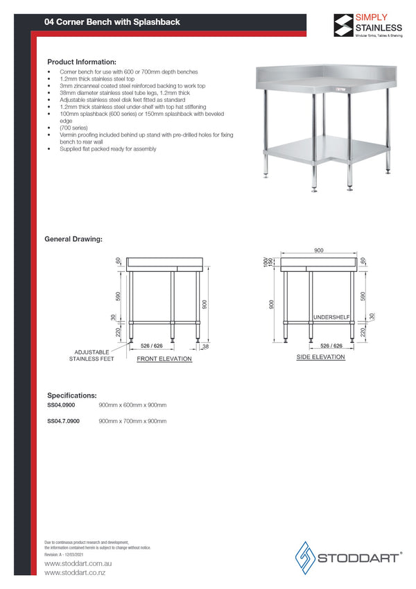 Simply Stainless SS04.0900 - Stainless Steel Corner Bench with Splashback