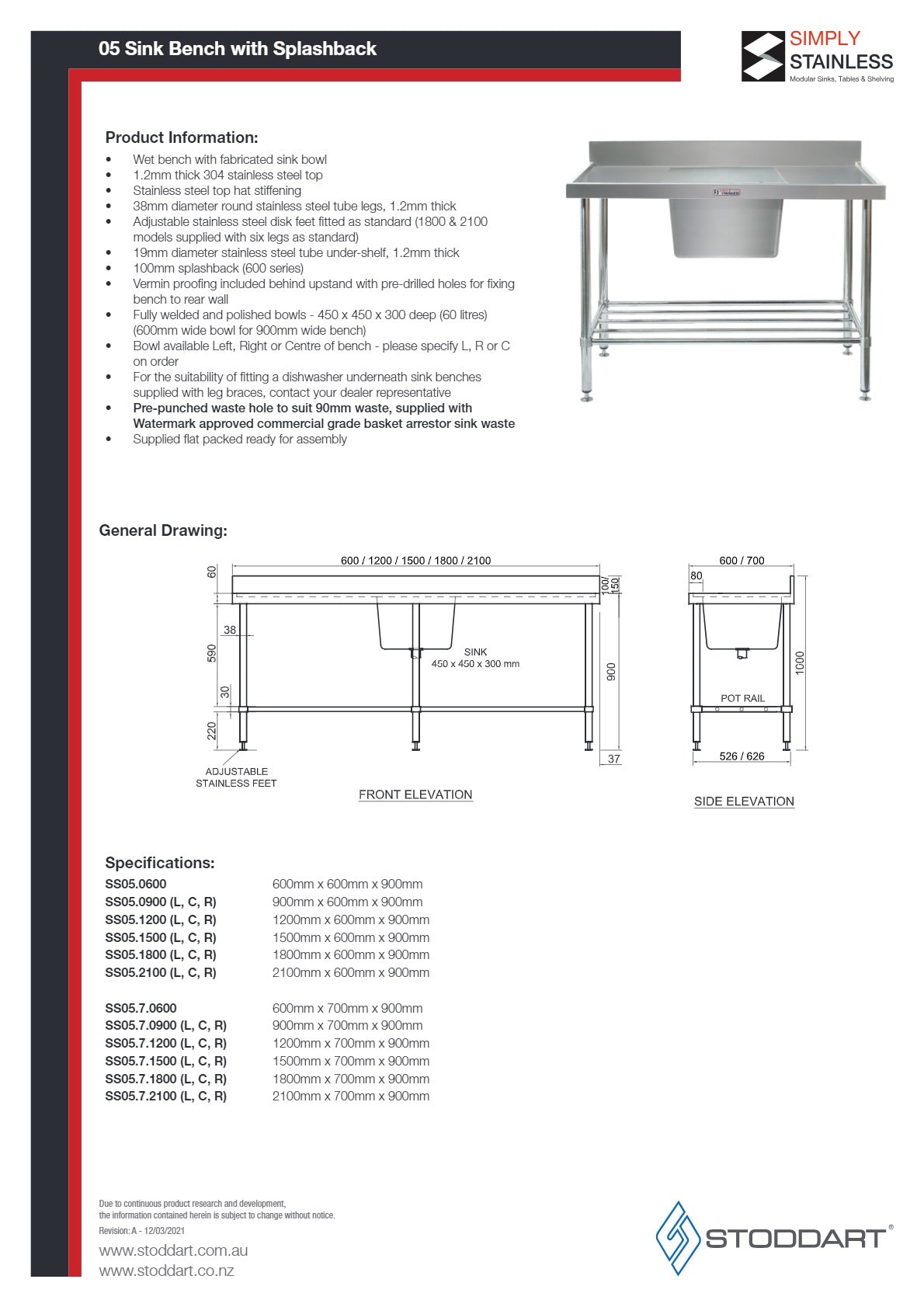 Simply Stainless SS05.1200RLB - Stainless Steel Sink Bench with Splashback