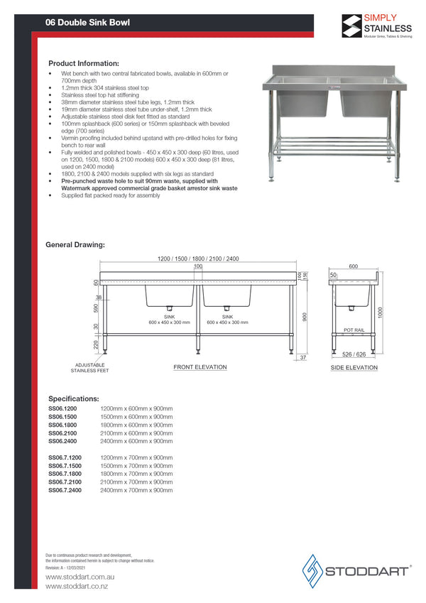 Simply Stainless SS06.7.2400LB - Stainless Steel Double Sink Bench with Splashback