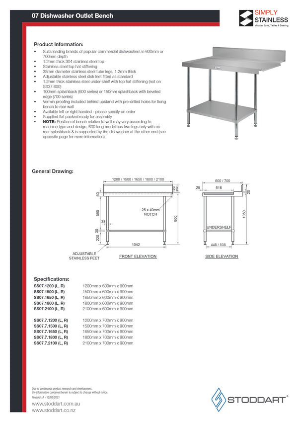 Simply Stainless SS07.1200L - Stainless Steel Dishwasher Outlet Bench