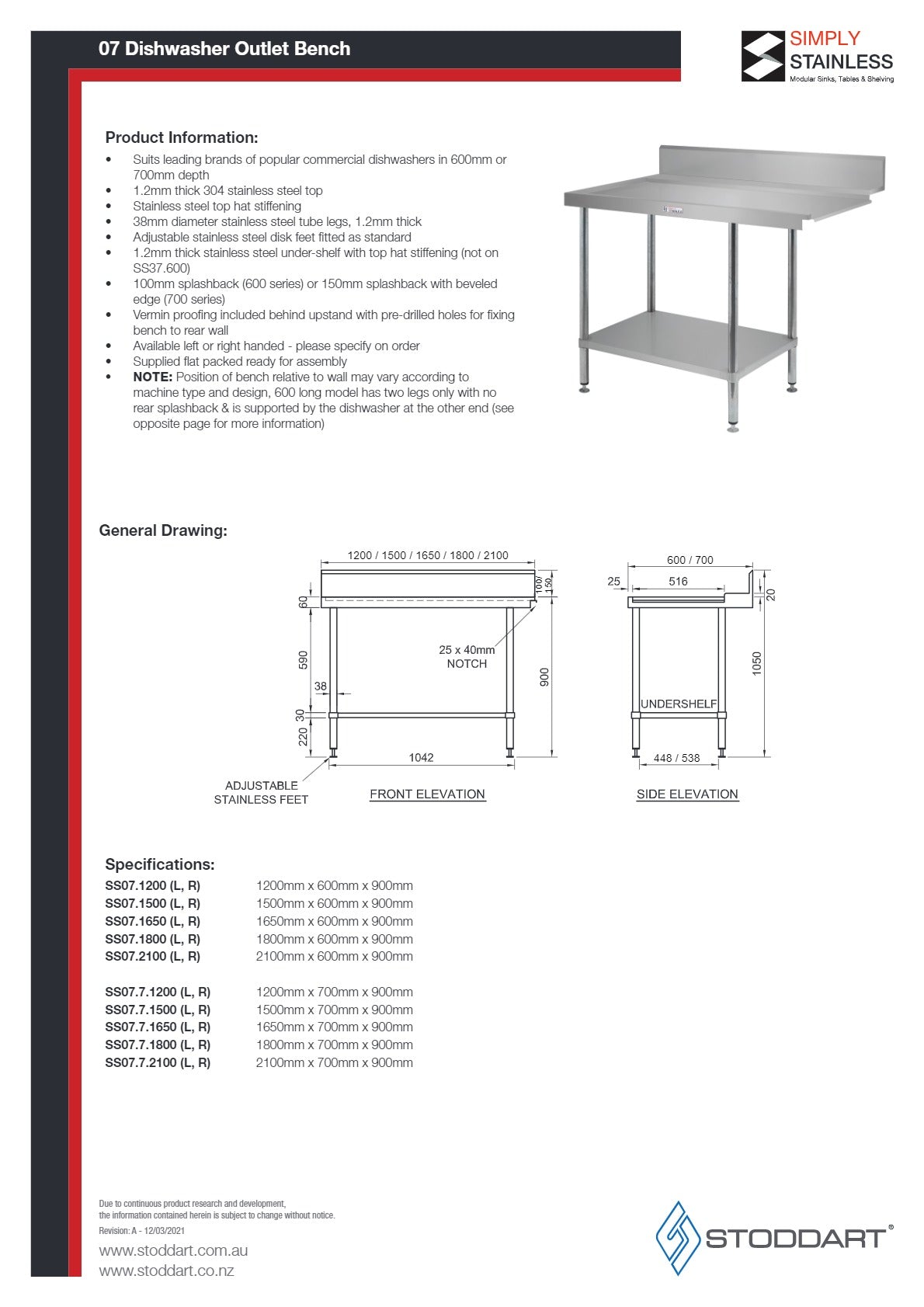 Simply Stainless SS07.1500R - Stainless Steel Dishwasher Outlet Bench