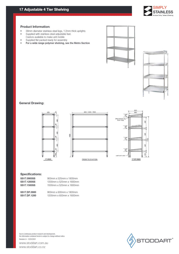 Simply Stainless SS17.1200SS - Stainless Steel 4 Tier Adjustable Shelving