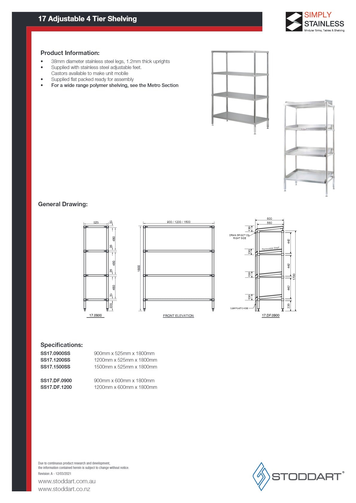 Simply Stainless SS17.0900SS - Stainless Steel 4 Tier Adjustable Shelving