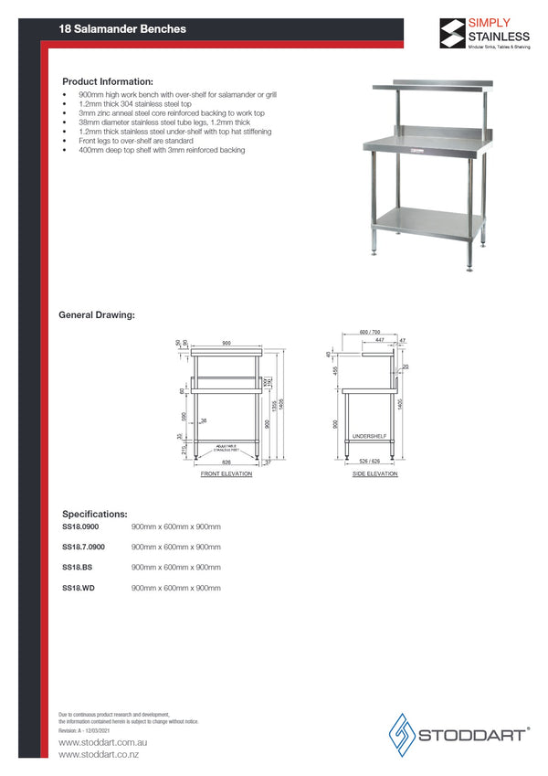 Simply Stainless SS18.BS - Blue Seal Salamander Bench