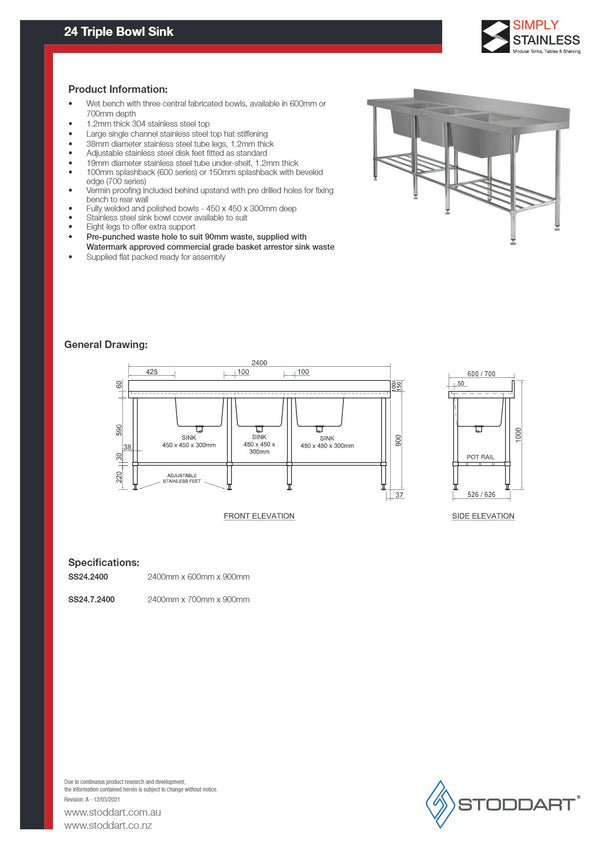 Simply Stainless SS24.2400.TB - Triple Bowl Sink Bench