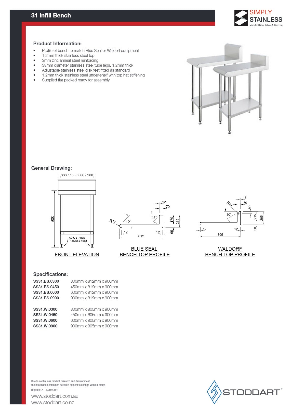 Simply Stainless SS31.WD.450 - Stainless Steel Infill Bench