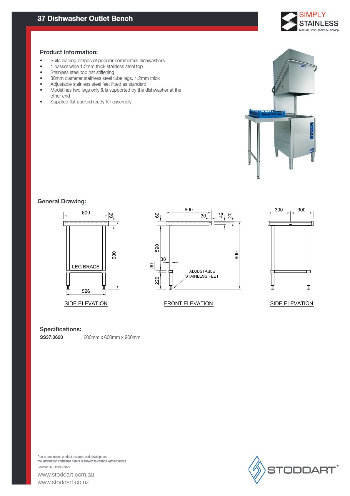 Simply Stainless SS37.600 - Single Basket Dishwasher Outlet Bench