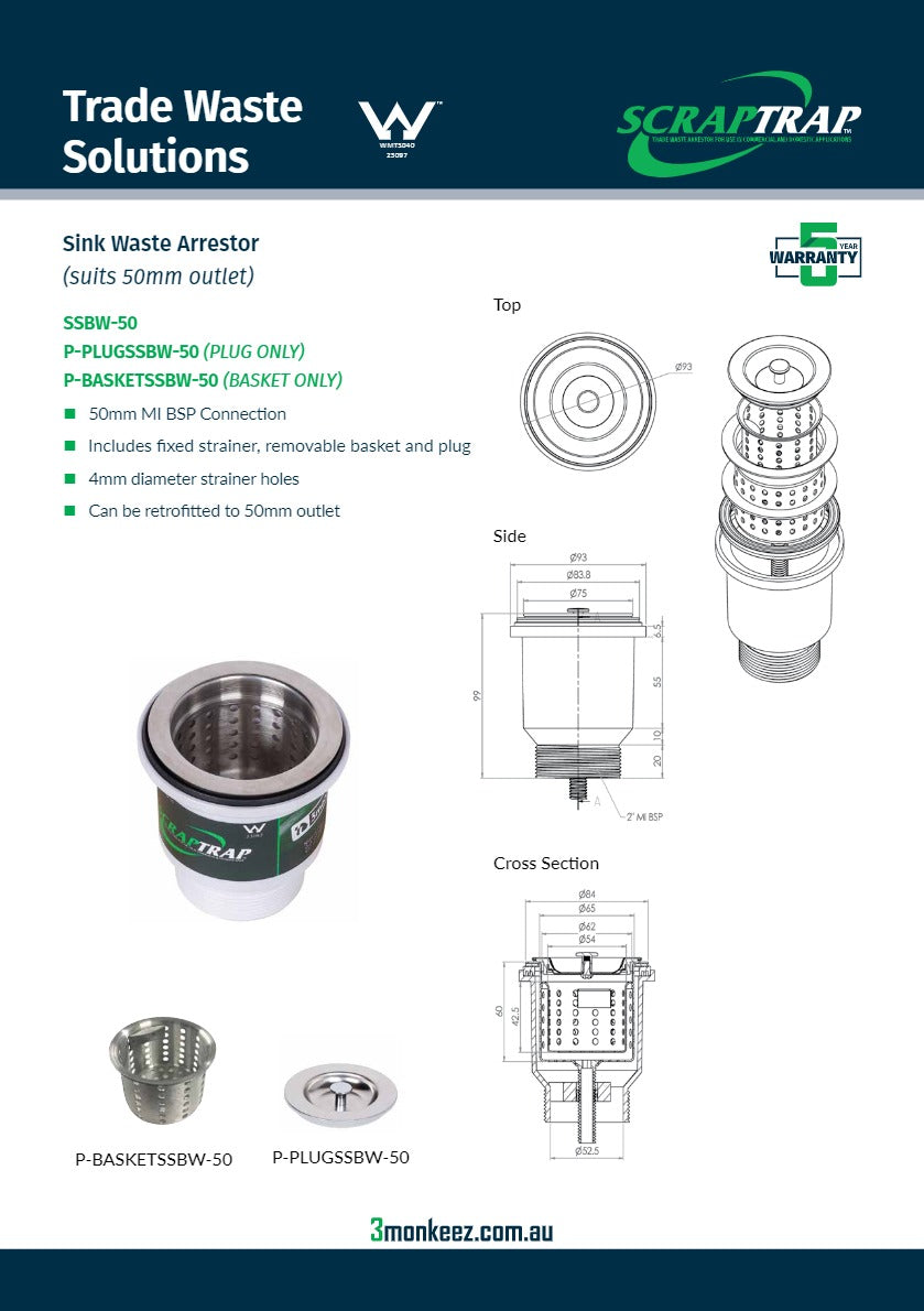 3Monkeez SSBW-50 - Sink Waste Arrestor