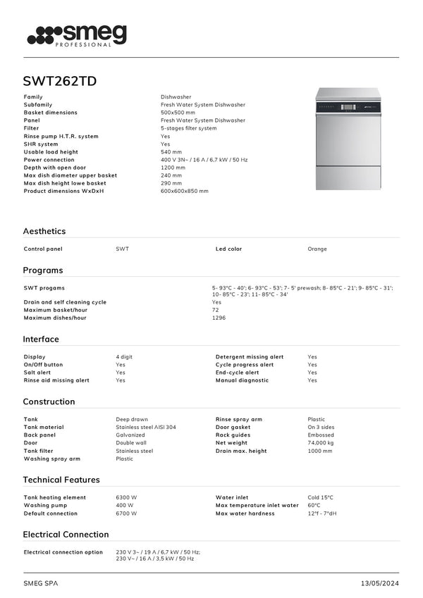 Smeg Professional SWT Series SWT262TDAUS - Underbench Dishwasher with Chemical Detergent & Rinse Aid Pump System