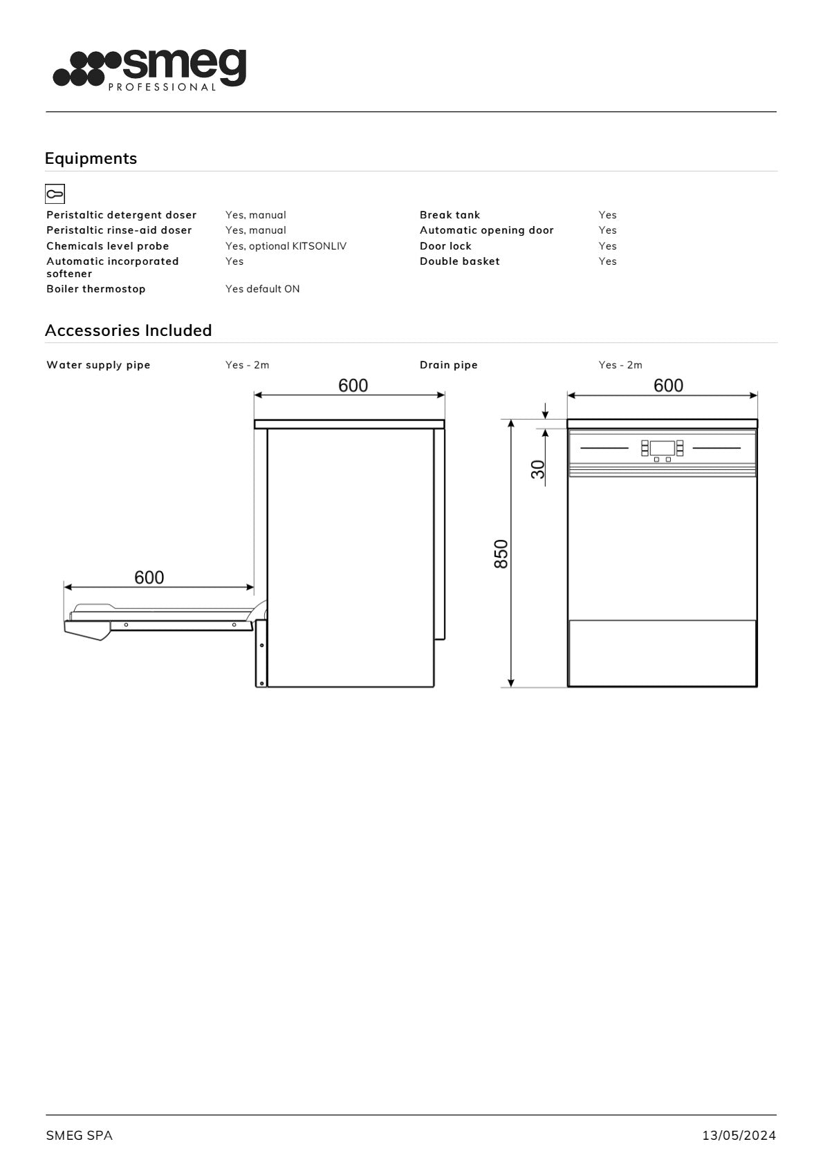 Smeg Professional SWT Series SWT262TDAUS - Underbench Dishwasher with Chemical Detergent & Rinse Aid Pump System