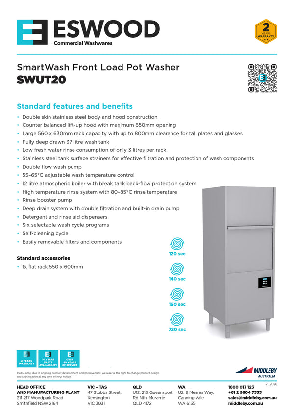 Eswood SmartWash SWUT20 - Front Load Pot Washer