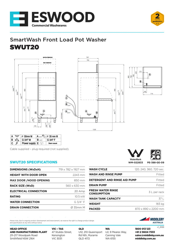 Eswood SmartWash SWUT20 - Front Load Pot Washer