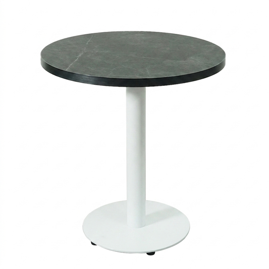 Black Aluminium Edge HPL Laminate Tabletop in Smokestone Complete Table with Round 450 White Table Base