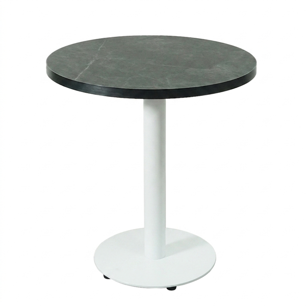 Black Aluminium Edge HPL Laminate Tabletop in Smokestone Complete Table with Round 450 White Table Base