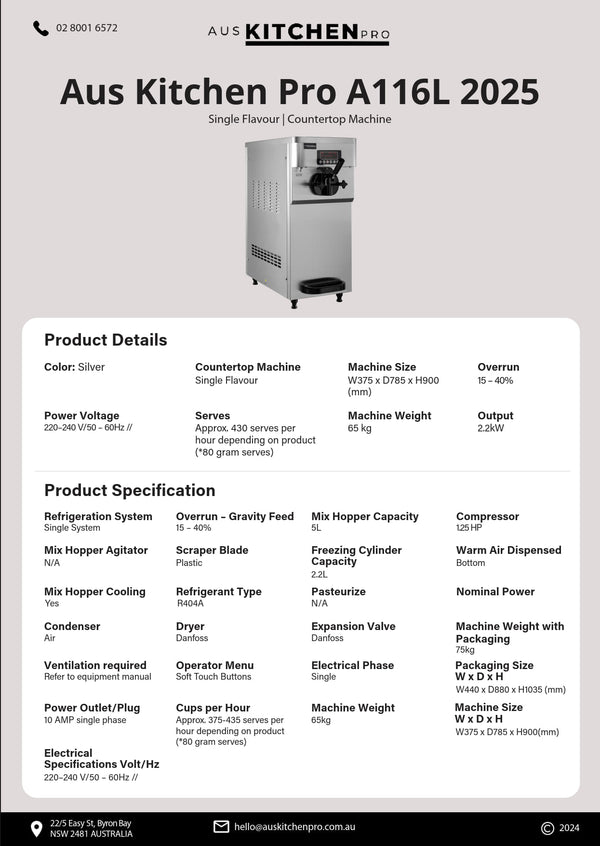 Aus Kitchen Pro A116L 2025 - Soft Serve Ice Cream/Acai Machine