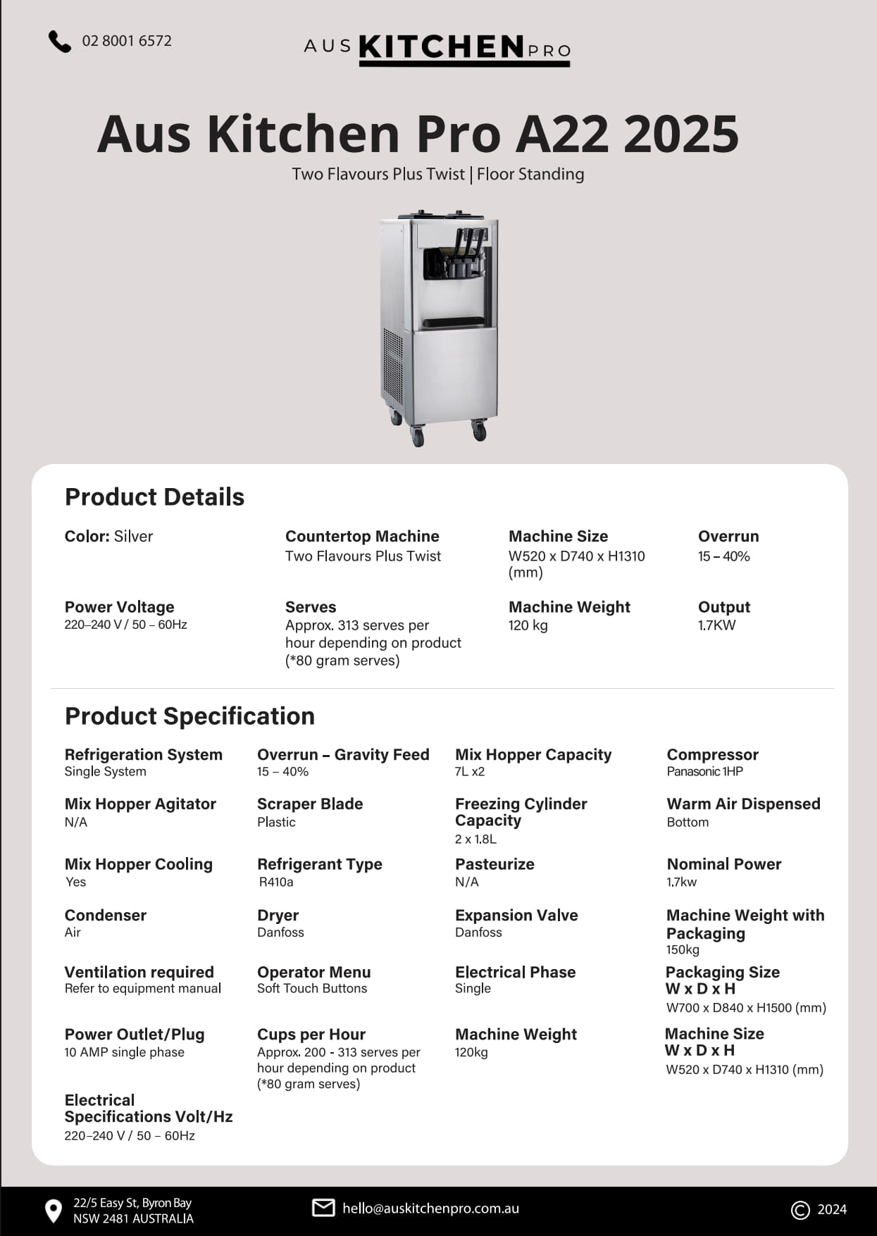 Aus Kitchen Pro A22 - Soft Serve Ice Cream/Acai Machine