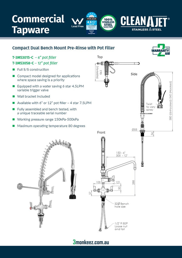 3Monkeez T-3M53015-C - Compact Dual Bench Mount Pre-Rinse