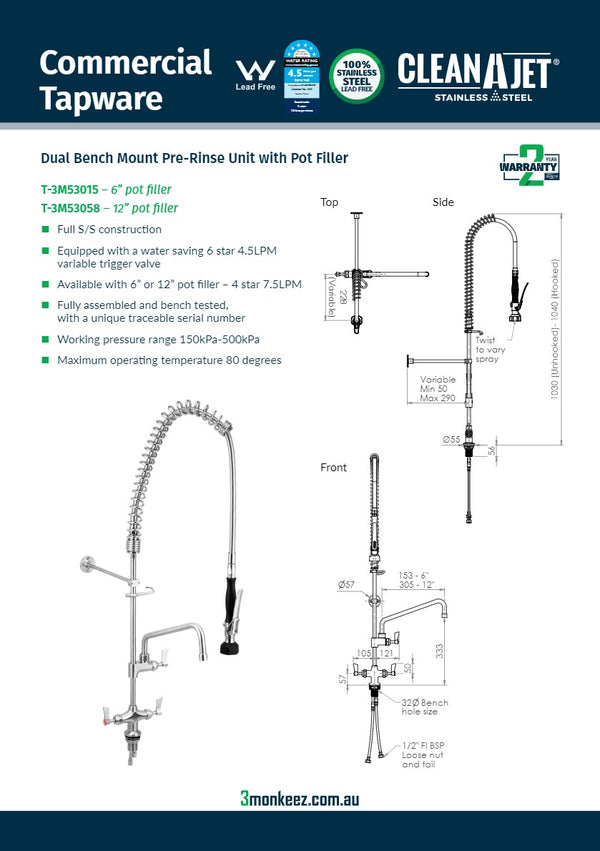 3Monkeez T-3M53015 - Stainless Steel Dual Bench Mount Pre-Rinse