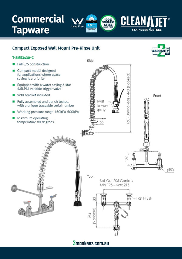 3Monkeez T-3M53430-C - Compact Stainless Steel Exposed Wall Mount Pre-Rinse