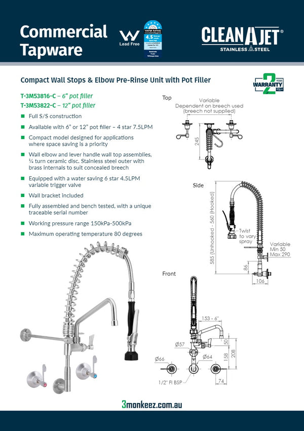 3Monkeez T-3M53816-C - Compact Stainless Steel Wall Stops & Elbow Pre-Rinse
