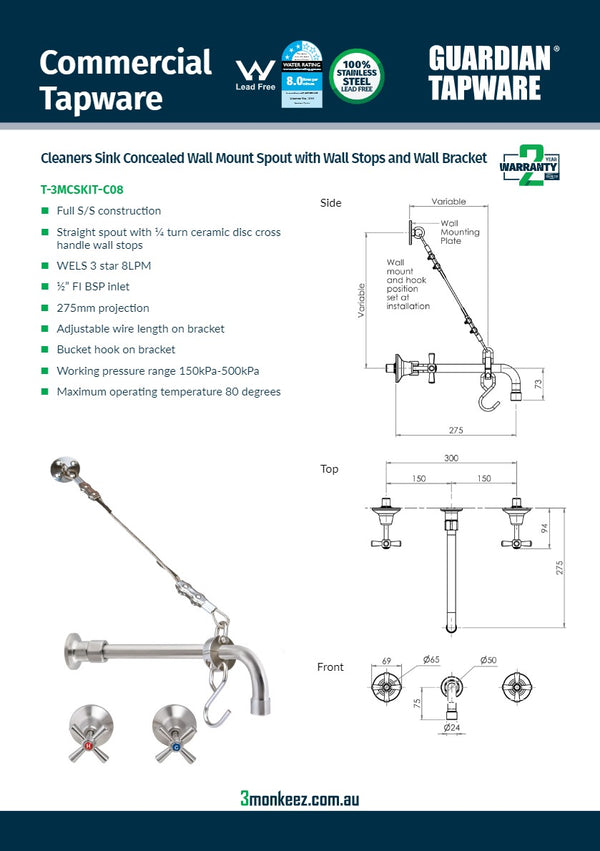 3Monkeez T-3MCSKIT-C08 - Cleaners Sink Concealed Wall Mount Spout with Wall Stops & Bracket