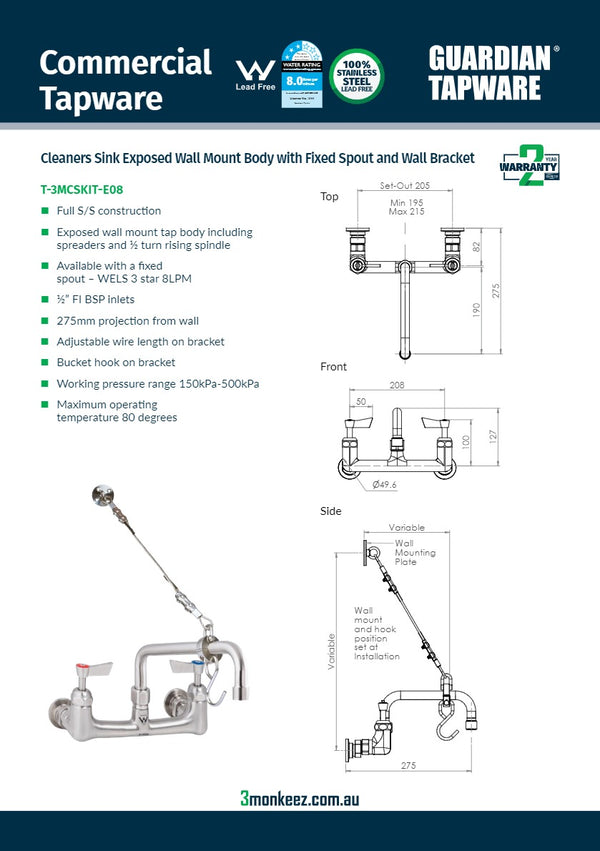 3Monkeez T-3MCSKIT-E08 - Cleaners Sink Exposed Wall Mount Body with Fixed Spout & Wall Bracket