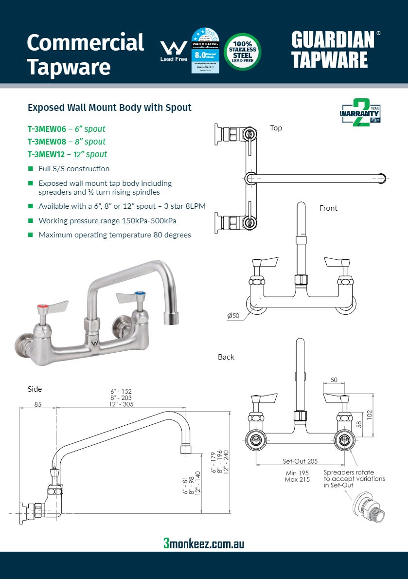 3Monkeez T-3MEW08 - Exposed Wall Tap Body with 8