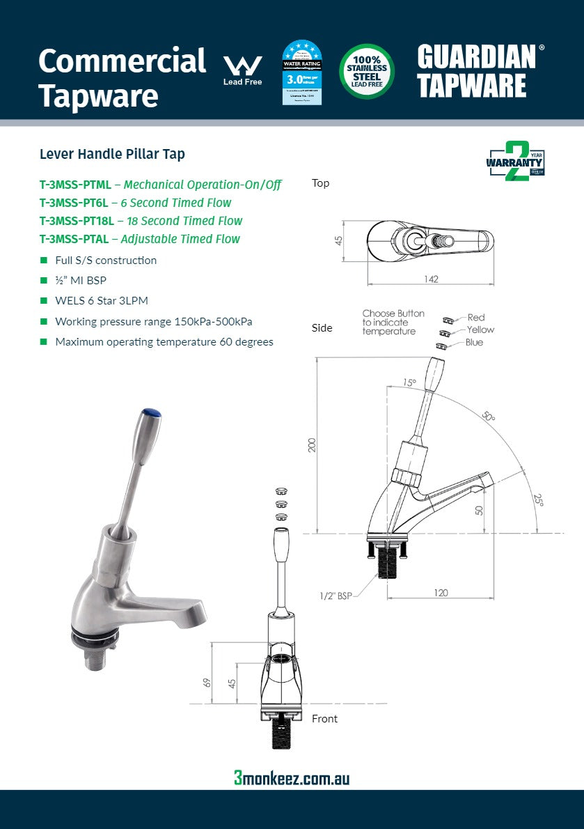 3Monkeez T-3MSS-PT18L - Lever Handle Pillar Tap