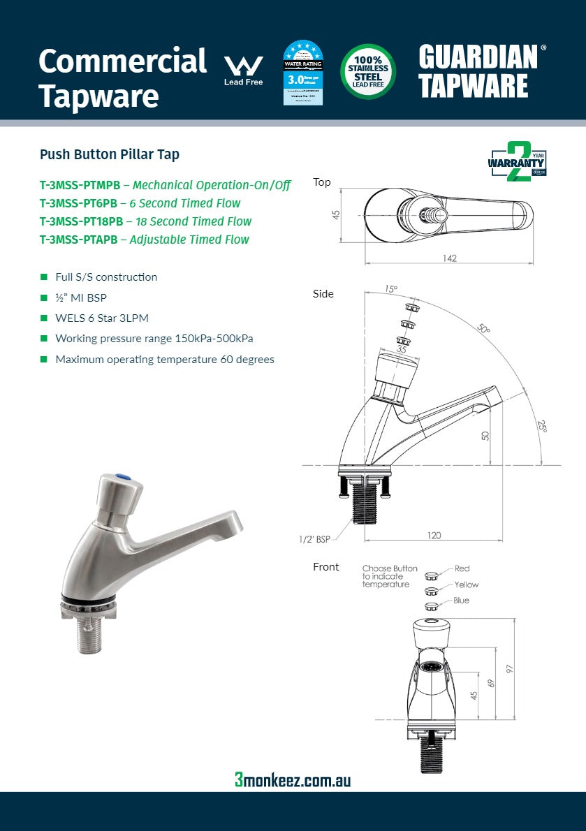 3Monkeez T-3MSS-PT18PB - Push Button Pillar Tap