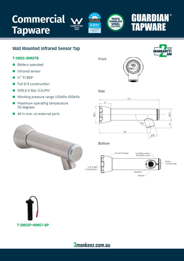 3Monkeez T-3MSS-WMSTB - Wall Mounted Sensor Tap