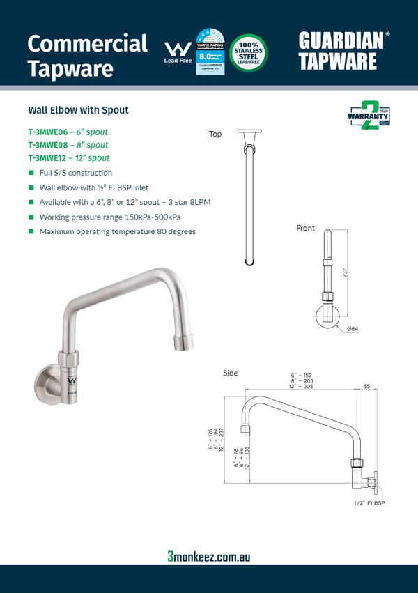 3Monkeez T-3MWE08 - Wall Elbow With 8" Spout